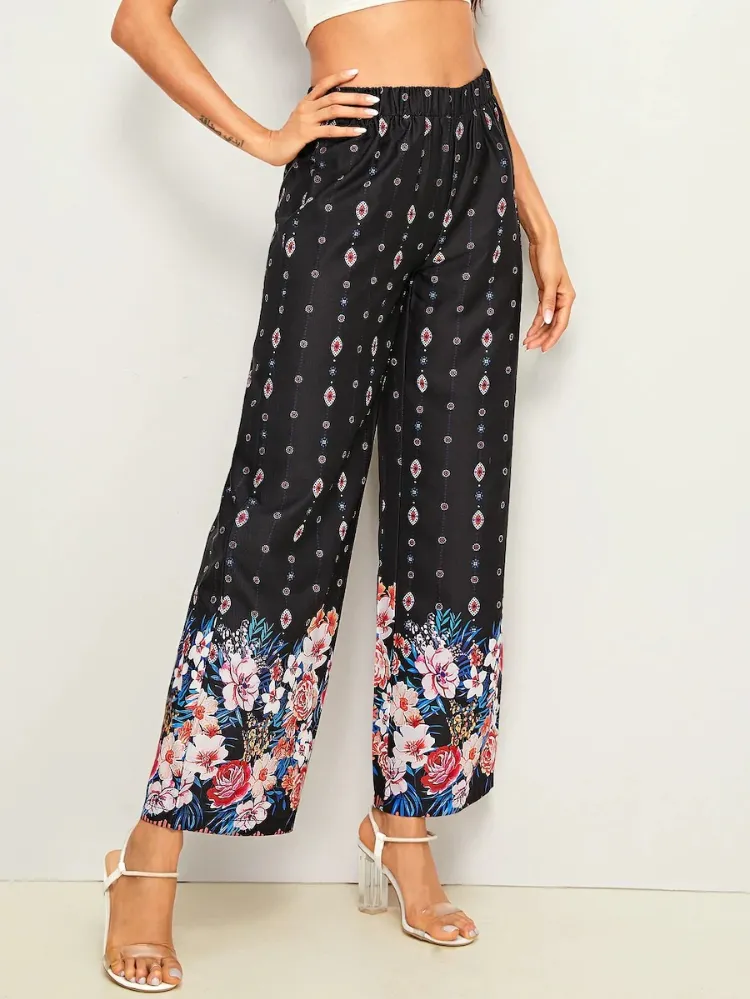 Pantalones sueltos para el verano | Mira estas sugerencias 2 - 【MioEstilo】 pantalones fluidos de verano piernas anchas estampado floral cintura alta elástica