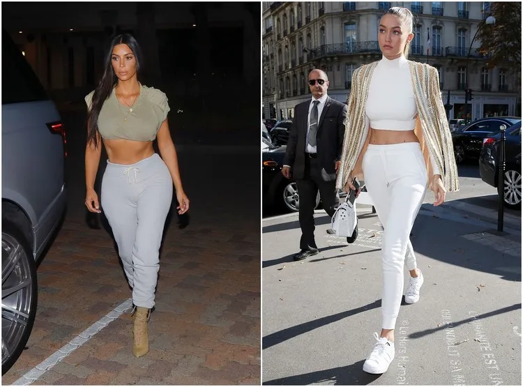 tendencia de moda de mujer primavera verano 2022 pantalones de jogging de mujer con los que zapatos Kim Kardashian Gigi Hadid