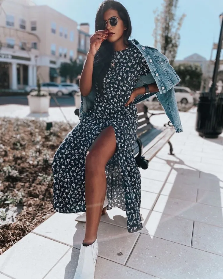 Campera vaquera de mujer: Ideas para lucirla con estilo 11 - 【MioEstilo】 cómo usar una chaqueta de mezclilla recortada idea de traje de primavera vestido floral