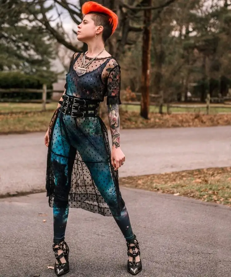 vestido de encaje transparente zapatos de tacón de cuero con hebilla bodycon jumpsuit modern rock look