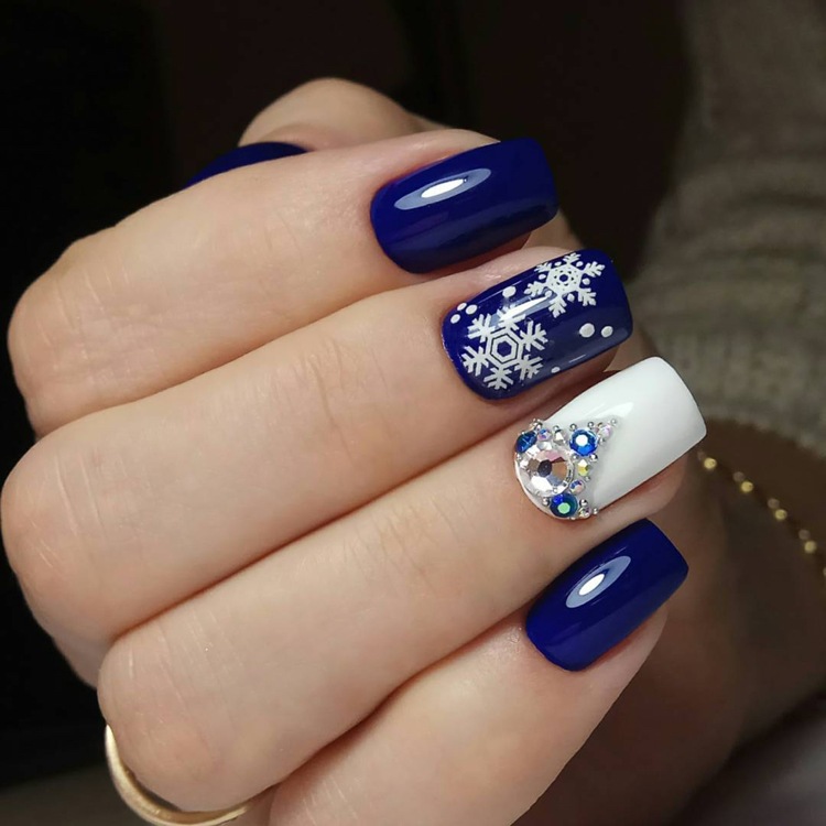 uñas de gel blanco diamantes de imitación copos de nieve arte de uñas azul