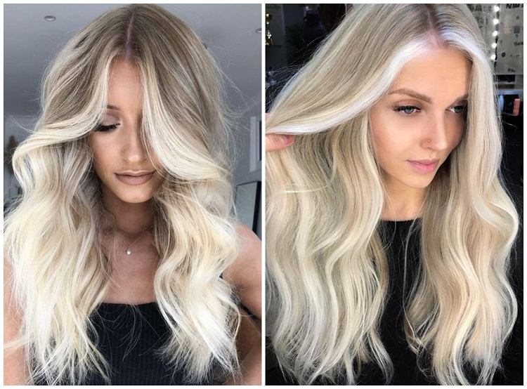 Iluminación rubia dorada en castaño claro Iluminación rubia platino en rubio oscuro