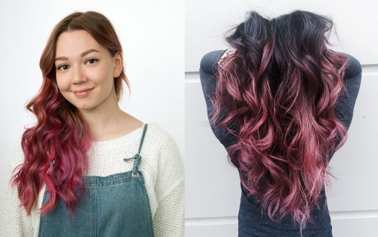 Cabello Degradado Rosa: 10 ideas elegantes e impactantes 12 - 【MioEstilo】 cabello largo y ondulado con degradado de frambuesa para morenas