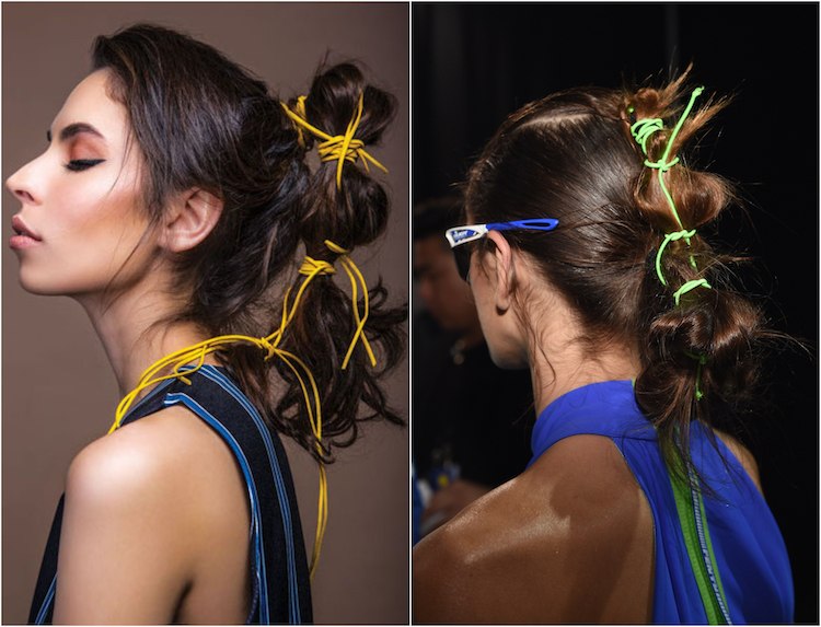 estilo de cabello jovencita primavera verano 2018 cola de caballo burbuja neón cinta