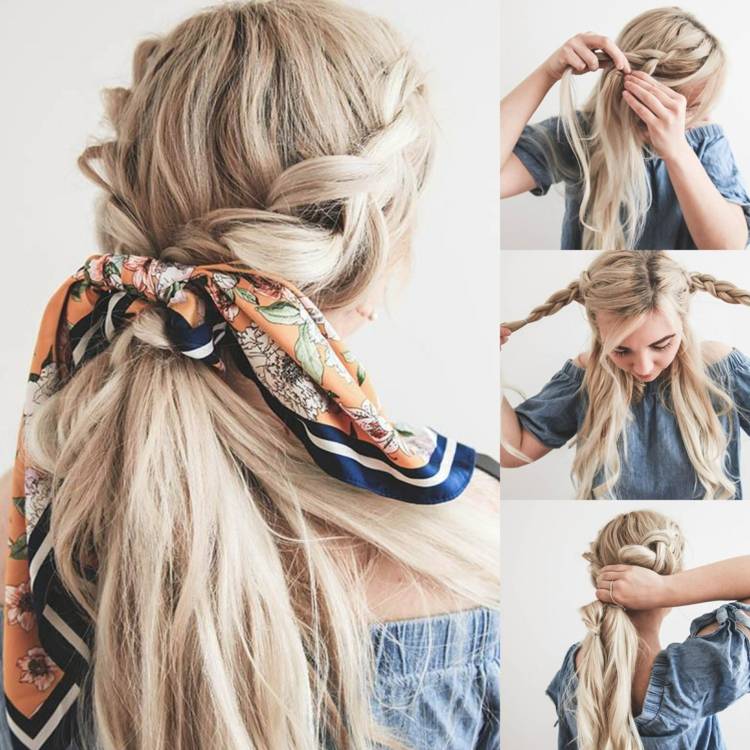 Estilos de peinados con pañuelos - ideas para este verano 16 - 【MioEstilo】 cola simple atada con un pañuelo trenzas a los lados