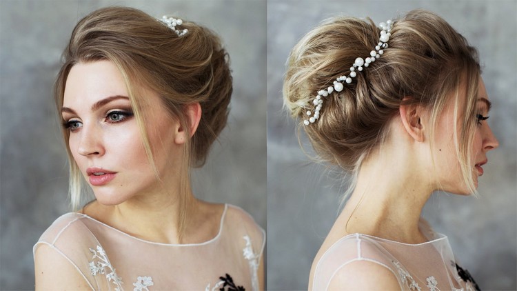 novia con moño bohemio desordenado y faja de perlas en cabello corto