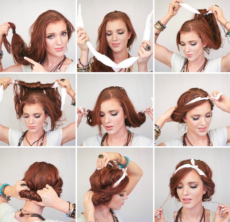 peinado estilo bohemio-chic con una diadema retorcida con plumas multicolores