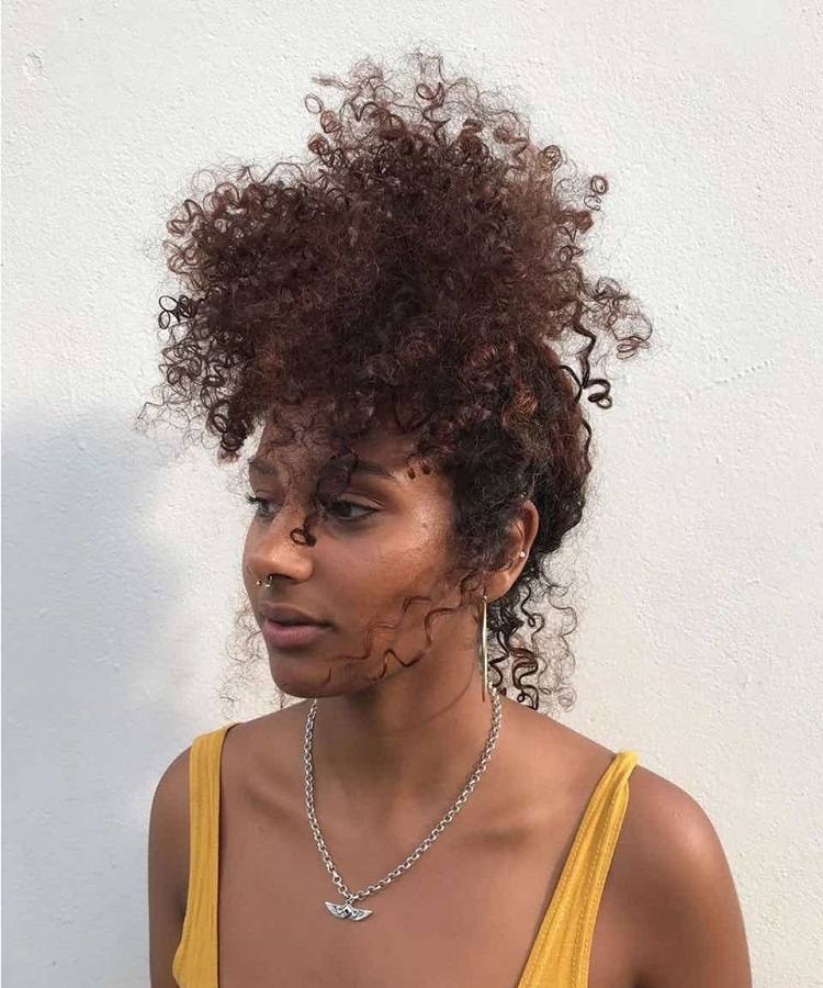 peinado de coleta alta cabello rizado mediano extenso