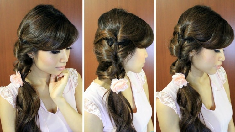 peinado-sencillo-de-hacer-hombro-trenza-alambres-retorcido-adorno-rosa