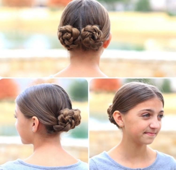 estilo de niña de cabello extenso en moño trenzado o macarons peinado-chica-moño-trenza-melena extensa
