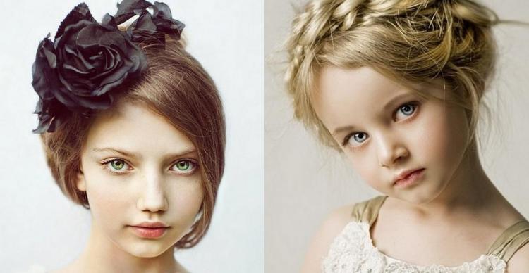 peinado elegante de niña - moño bajo con diadema trenzada y flor de tul negro peinado-nina-moño-clasico-diadema-trenza