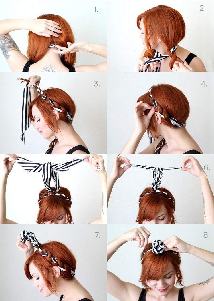 peinado sencillo para pelo largo - trenza corona con pañuelo peinado-sencillo-cabellera-larga-trenza-coronilla-con-pañuelo