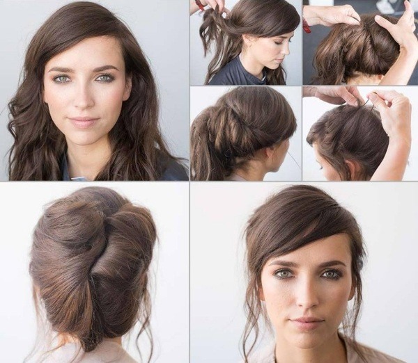 peinado de cabello largo simple con flequillo y moño peinado-sencillo-pelo-largo-moño-flecos-estilo-bohemio