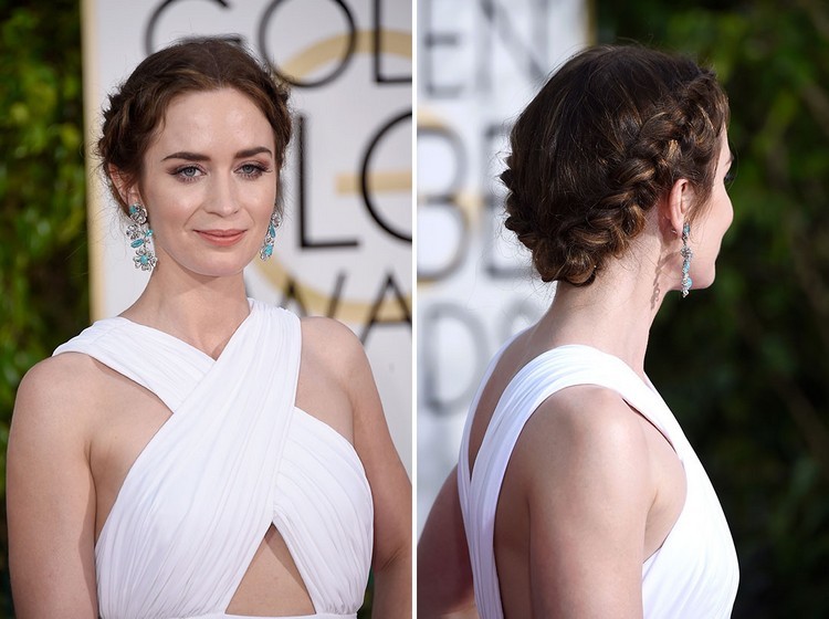 elegante idea de peinado de noche inspirada en la alfombra roja: corona trenzada y raya al medio Peinado de noche 2022-corona-trenza-elegante-Emily-Blunt