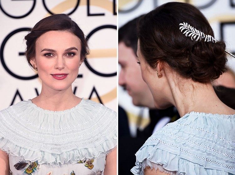 peinado de noche romántico y elegante: moño bajo decorado con un accesorio para el cabello de plumas peinado nocturno 2015-moño-bajo-plumaje-Keira Knightley