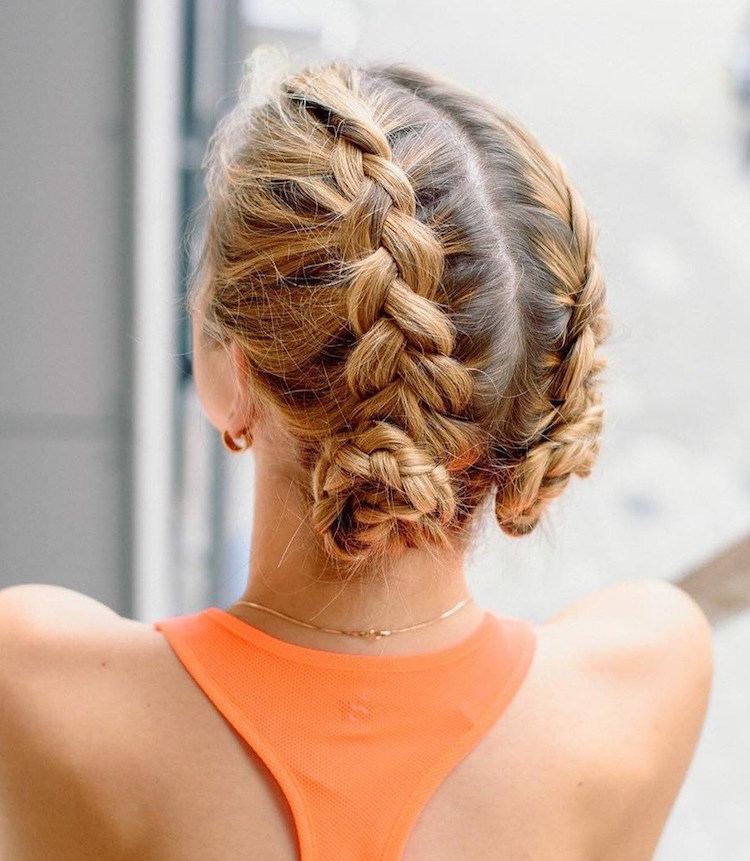 peinado deportivo cabello largo trenza doble moño con trenza holandesa