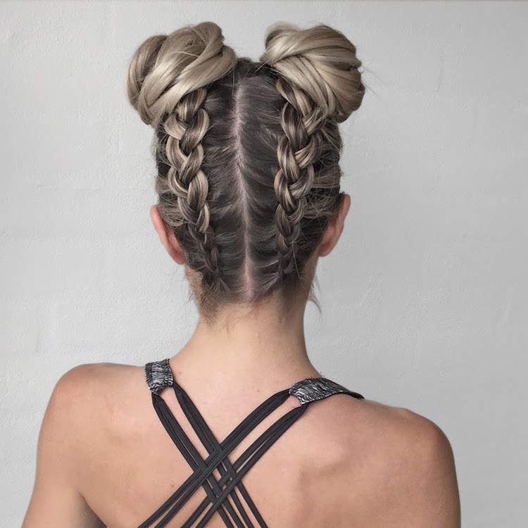 peinado deportivo cabello largo trenza doble recogido