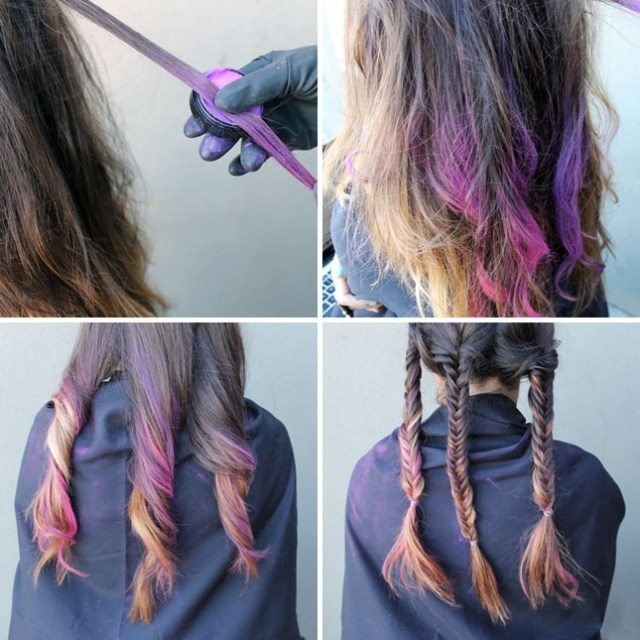 peinado 3 trenzas con destellos lila como adorno en el cabello peinado-3-trenzas-lila-destellos-cabello-acento