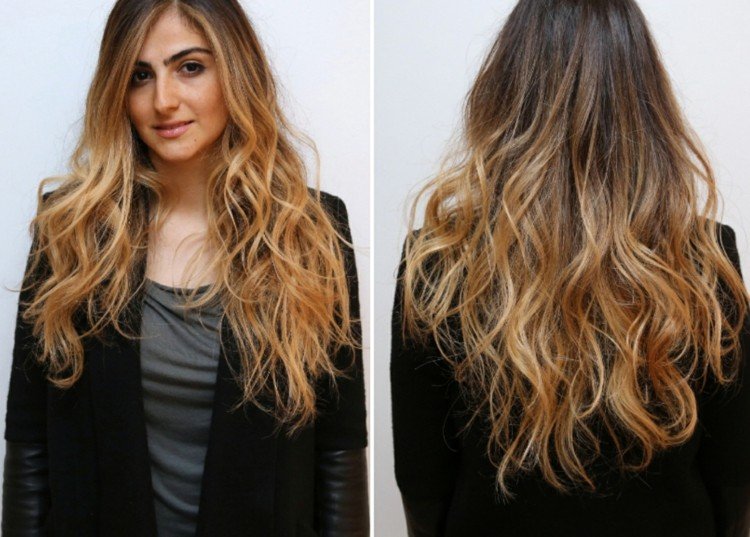 estilo elegante para melena extensa - base café y destellos rubios rubio-cabello-corte-ombre-cafe-base-rubio-mechas1