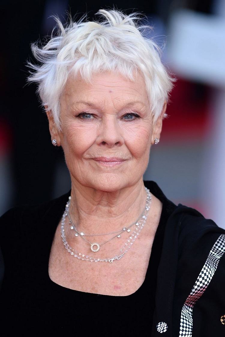 Duendecillo corte de cabello para mujer de 70 años con rostro redondo y canas estilo judi dench