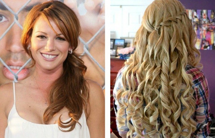 sugerencias para baile con cabello rizado y trenza caída peinado-idea-prom-cabello-rizos-trenza-cascada-flecos