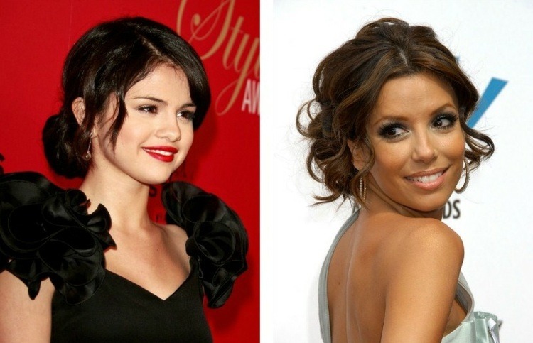 dos propuestas de moño con flequillo para melena media bal-chignon-baja-partida-flequillo-rizo peinado idea