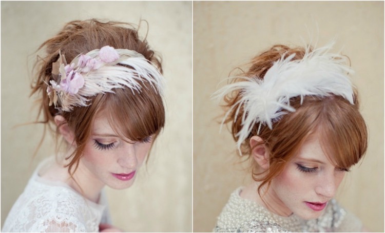ideas de peinado de pareja para cabello corto o recogido con una diadema de plumas boda-peinado-ideas-pelo-corto-flecos-banda-de-plumas