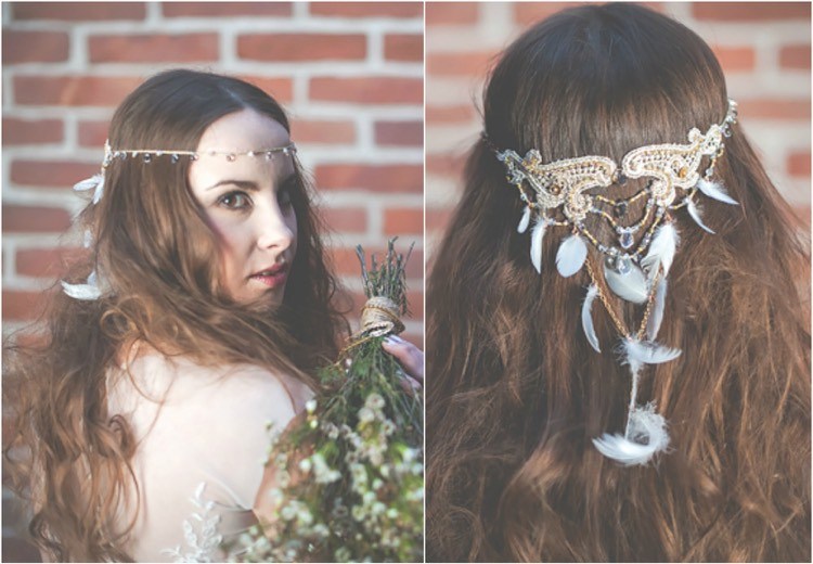 ideas de peinado de boda chic bohemia: diadema arriesgada decorada con cristales y plumas peinado-ideas-boda-bohemio-chic-faja-cristales-plumas