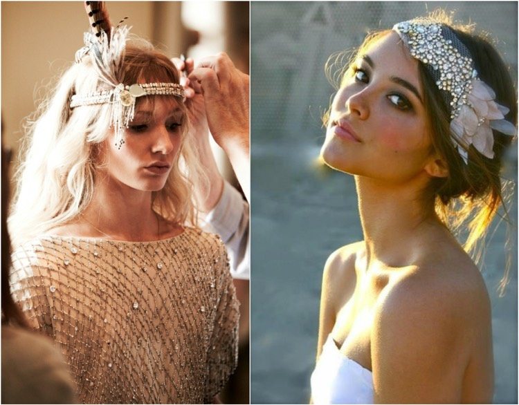 peinado de pareja glamuroso gracias al accesorio para el pelo adornado con plumas y cristales peinado-ideas-boda-glamour-faja-cristales-plumas