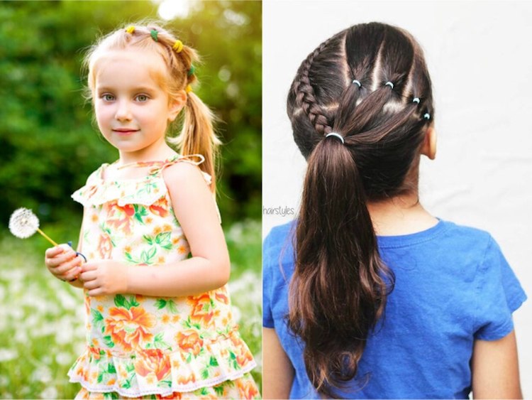 ideas de peinado de niña cola de caballo artística varias bandas de goma