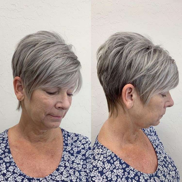 corte de duendecillo con mechones largos para cabello gris corto