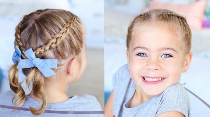 coiffure facile pour petite fille petites tresses francaises barrettes noeuds bleus