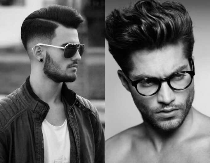 coupe pompadour razor fade avec trait cheveux longs haut