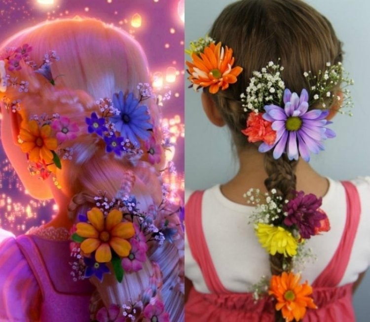 estilo pequeña cabello extenso trenza baja decorada con flores estilo-pequeña-trenza-sencilla-deco-flores