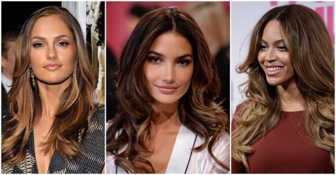 Reflejos dorados y ámbar en melena morena oscura meches miel cheveux chatain fonce meches caramel balayage