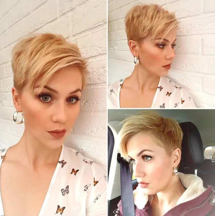 ¿Recomendaciones de estilo de cabello corto para mujeres rubias mayores de 40? 2 - 【MioEstilo】 corte pixie raya a un lado corte de pelo rubio corto 40 años puntas cónicas